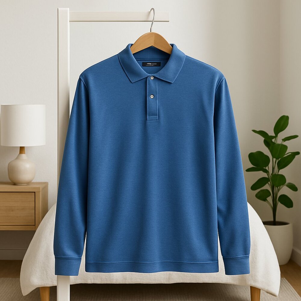 Lands End Mens Blue Long Sleeve Polo Shirt Sz XL 100% Cotton Preppy Casual